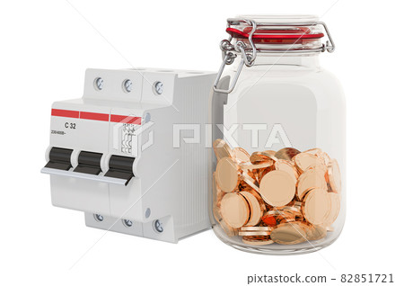 Circuit breaker with glass jar full of golden coins, 3D rendering Circuit breaker with glass jar full of golden coins, 3D rendering 82851721