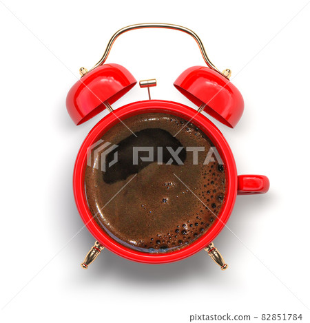 Red coffee cup with alarm clock. Coffee time and wake up concept. 82851784