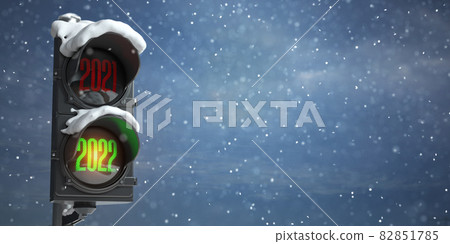 Happy new year 2022. Traffic light with green light 2022  and red 2021 on sky background. 82851785