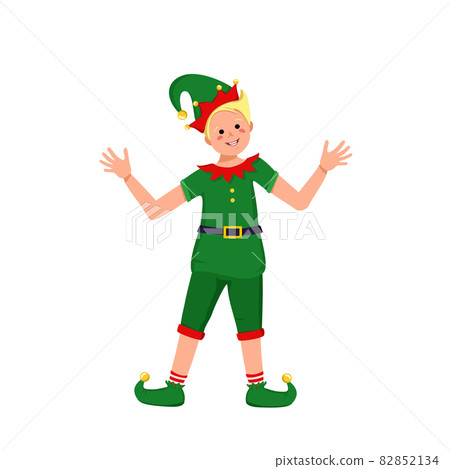 Cute boy with happy face and eyes in festive elf costume for Christmas, New Year or holiday 82852134