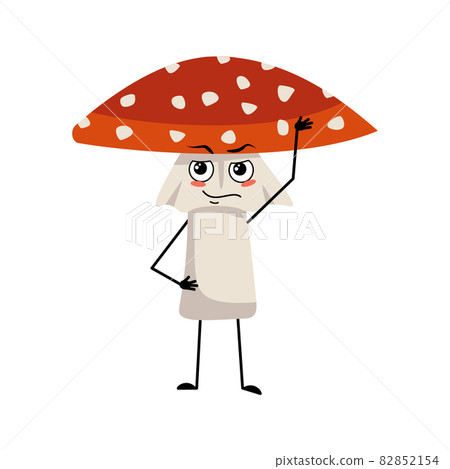 Cute amanita character with emotions of a hero, a brave face, arms and legs. Fly Agaric Mushroom from forest with courage expression Cute amanita character with emotions of a hero, a brave face, arms and legs. Fly Agaric Mushroom from forest with courage expression 82852154