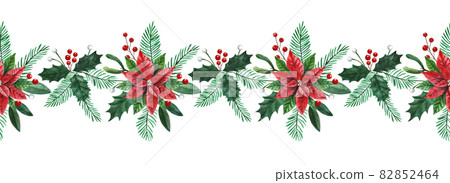 Watercolor seamless border with holiday Christmas plants and berries. Decorative element for invitations and greeting cards 82852464