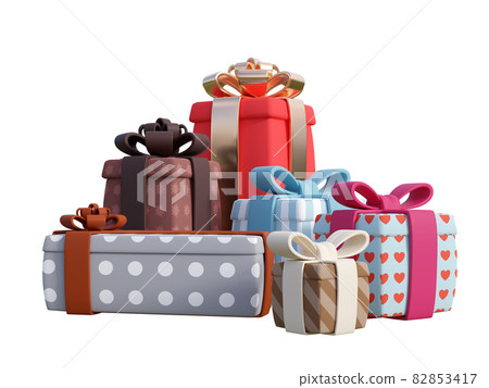Cartoon style group of colorful gift boxes isolated on white background 3d render 82853417