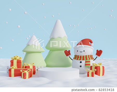 White cylinder podium on snow ground with christmas concept background 3d render 82853418