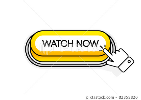 Yellow 3D button with the inscription Watch Now, isolated on a white background. Mouse cursor. Linear design. Vector illustration. 82855820