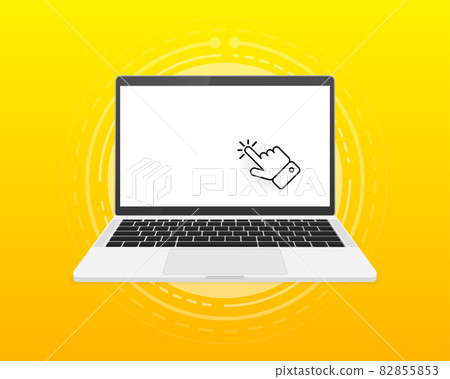 Laptop with pointer or cursor icon on yellow background. Mockup for Online, PC, registration, internet, book, mouse. Vector illustration. Laptop with pointer or cursor icon on yellow background. Mockup for Online, PC, registration, internet, book, mouse. Vector illustration. 82855853