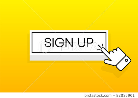 White 3D button with the inscription SIgn UP, isolated on a yellow background. Mouse cursor. Simple design. Vector illustration. White 3D button with the inscription SIgn UP, isolated on a yellow background. Mouse cursor. Simple design. Vector illustration. 82855901