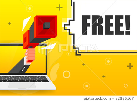 Free banner template. Marketing flyer with megaphone. Isometric and pixel style. Template for retail promotion and announcement. Vector illustration. Free banner template. Marketing flyer with megaphone. Isometric and pixel style. Template for retail promotion and announcement. Vector illustration. 82856167