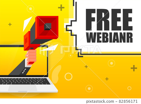 Free Webinar banner template. Marketing flyer with megaphone. Isometric and pixel style. Template for retail promotion and announcement. Vector illustration. Free Webinar banner template. Marketing flyer with megaphone. Isometric and pixel style. Template for retail promotion and announcement. Vector illustration. 82856171