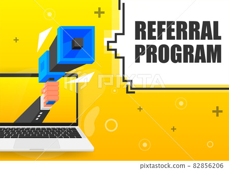 Referral Program banner template. Marketing flyer with megaphone. Isometric and pixel style. Template for retail promotion and announcement. Vector illustration. Referral Program banner template. Marketing flyer with megaphone. Isometric and pixel style. Template for retail promotion and announcement. Vector illustration. 82856206