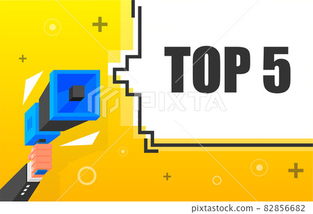 TOP 5 banner template. Marketing flyer with megaphone. Isometric and pixel style. Template for retail promotion and announcement. Vector illustration. TOP 5 banner template. Marketing flyer with megaphone. Isometric and pixel style. Template for retail promotion and announcement. Vector illustration. 82856682