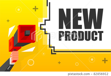New Product banner template. Marketing flyer with megaphone. Isometric and pixel style. Template for retail promotion and announcement. Vector illustration. 82856912
