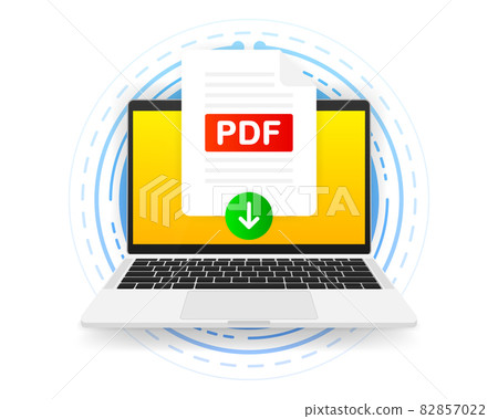 Download PDF icon file with label on screen computer. Downloading document concept. Vector illustration. Download PDF icon file with label on screen computer. Downloading document concept. Vector illustration. 82857022