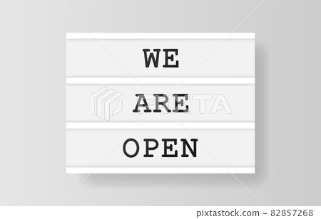 We are Open. Retro advertising with retro lightbox on white background. Vector design banner. Vector illustration. We are Open. Retro advertising with retro lightbox on white background. Vector design banner. Vector illustration. 82857268