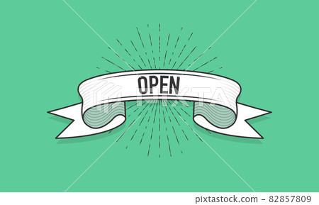 Ribbon with the inscription Open. Old vintage ribbon banner in engraving style and light rays on the green background. Hand drawing. Vector illustration. 82857809