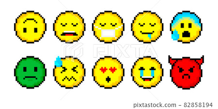 Pixel 8 bit yellow circles with smile collection. Isolated objects on white background. Different Emotions sign. Vector illustration. Pixel 8 bit yellow circles with smile collection. Isolated objects on white background. Different Emotions sign. Vector illustration. 82858194