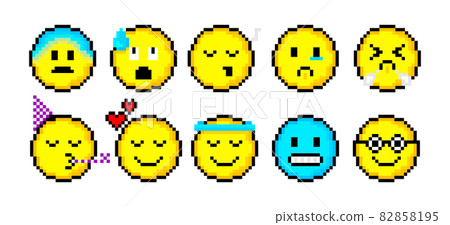 Pixel 8 bit yellow circles with smile collection. Isolated objects on white background. Different Emotions sign. Vector illustration. 82858195
