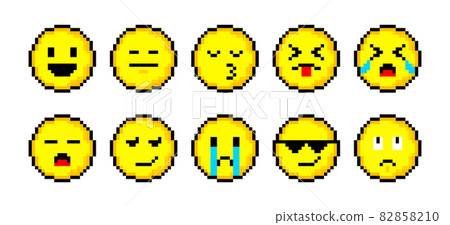 Pixel 8 bit yellow circles with smile collection. Isolated objects on white background. Different Emotions sign. Vector illustration. Pixel 8 bit yellow circles with smile collection. Isolated objects on white background. Different Emotions sign. Vector illustration. 82858210