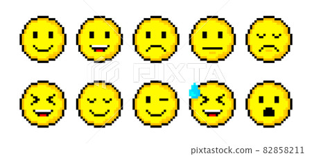 Pixel 8 bit yellow circles with smile collection. Isolated objects on white background. Different Emotions sign. Vector illustration. Pixel 8 bit yellow circles with smile collection. Isolated objects on white background. Different Emotions sign. Vector illustration. 82858211