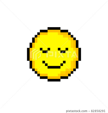 Pixel 8 bit yellow circle with smile. Isolated object on white background. Emotion sign. Vector illustration. Pixel 8 bit yellow circle with smile. Isolated object on white background. Emotion sign. Vector illustration. 82858291