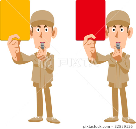 一個穿著米色工作服的男人，拿著一張黃牌和一張紅牌 82859136