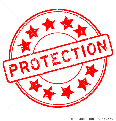 Grunge red protection word with star icon round rubber seal stamp on white background 82859369
