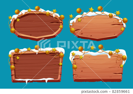 Set old wooden signboard with snow and gold stars, balls in cartoon style. Collection Empty frame, direction plank isolated on white background. Season decoration 82859661