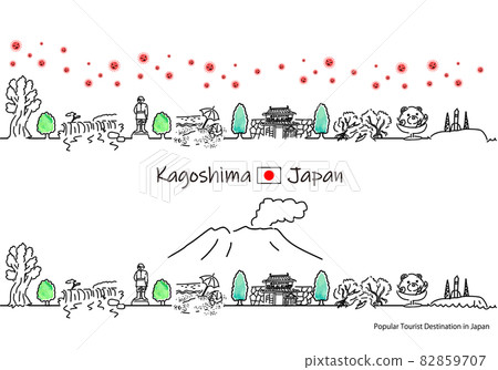 鹿兒島縣旅遊勝地城市景觀與新型冠狀病毒的簡單線條畫集 82859707