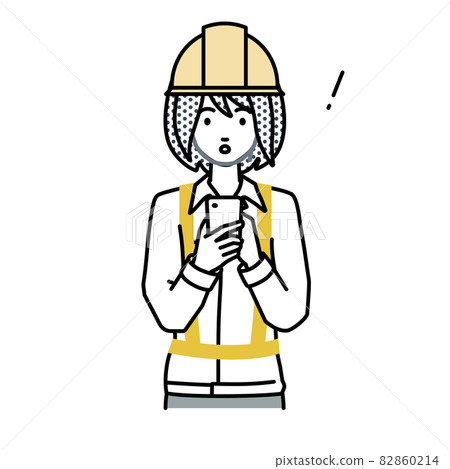 A woman at a construction site who was surprised to notice something while standing and operating a smartphone A woman at a construction site who was surprised to notice something while standing and operating a smartphone 82860214