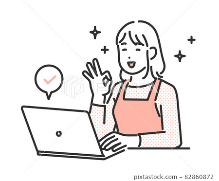 Image illustration material of a housewife woman who works at home using a personal computer 82860872