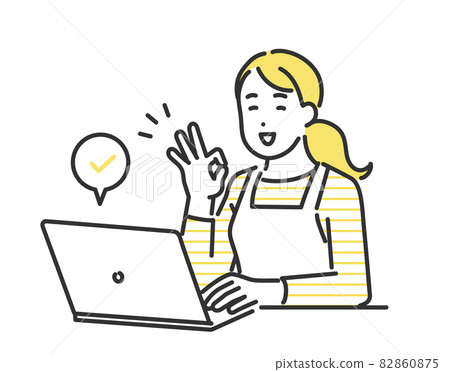 Image illustration material of a housewife woman who works at home using a personal computer 82860875