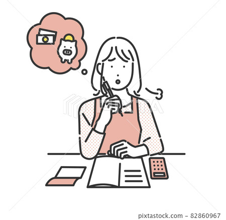 Image illustration material of a housewife woman who keeps a household account book Image illustration material of a housewife woman who keeps a household account book 82860967