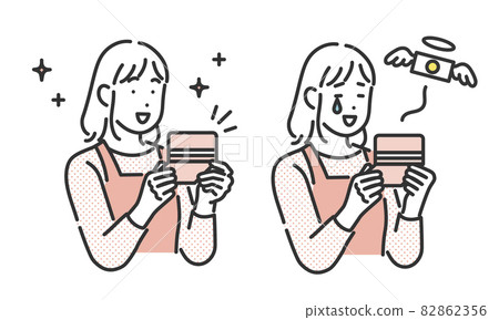 看存摺時開心或沮喪的女性形象插畫素材 82862356