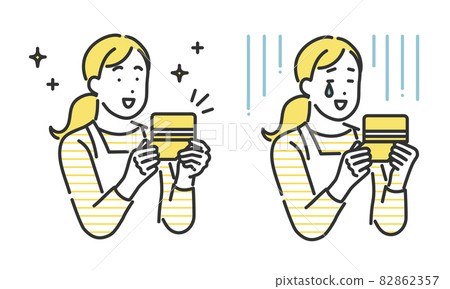 看存摺時開心或沮喪的女性形象插畫素材 82862357