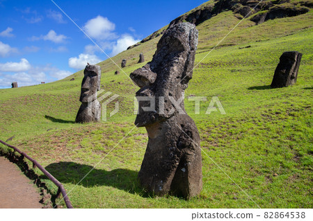 Moai stone sculptures at Rano Raraku, Easter island, Chile. Moai stone sculptures at Rano Raraku, Easter island, Chile. 82864538