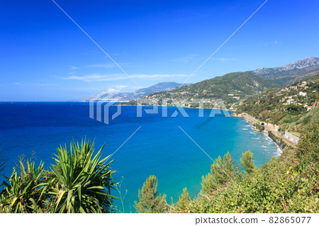 View from Ventimiglia hill on Monaco across Calandre beach, Liguria 82865077