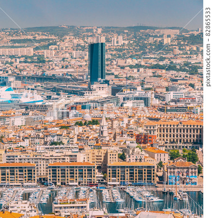 Marseille, France. Cityscape of Marseille, France. Urban background. Urban elevated view, cityscape of Marseille, France. Sunny summer day with bright blue sky 82865533