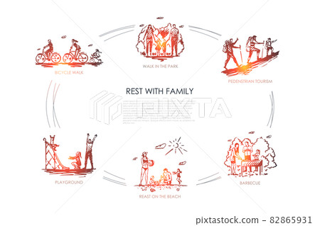 Rest with family - walk in park, bicycle walk, playground, barbecue, pedestrian tourism, rest on beach vector concept set 82865931