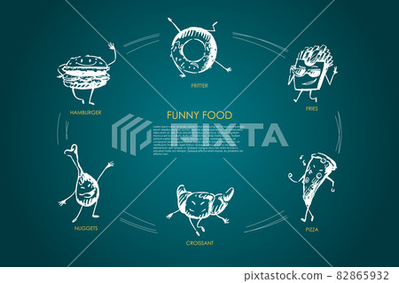 Funny food - hamburger, nuggets, croissant, pizza, fries, fritter vector concept set 82865932