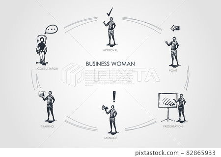 Business woman - consultation, trainig, manage, presentation, point, approval vector concept set 82865933