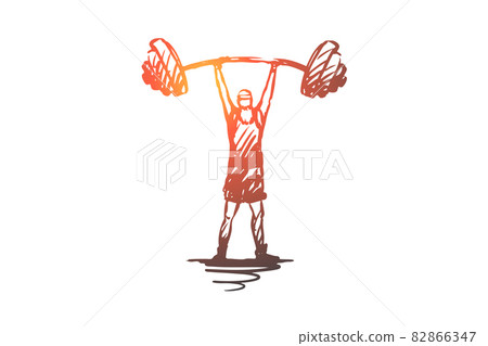 Old, man, barbell, weight, strong concept. Hand drawn isolated vector. 82866347