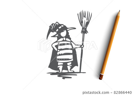 Halloween, female, costume, hat, broom concept. Hand drawn isolated vector. 82866440