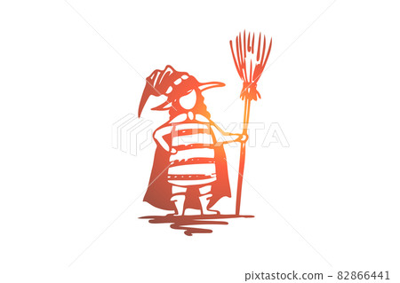 Halloween, female, costume, hat, broom concept. Hand drawn isolated vector. 82866441