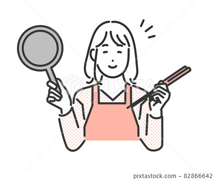 Image illustration material of a woman cooking with a frying pan 82866642