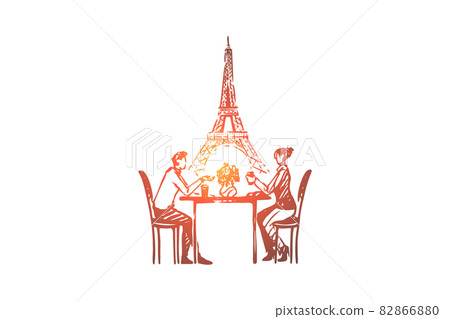 Couple, Paris, love, romance, feelings concept. Hand drawn isolated vector. 82866880