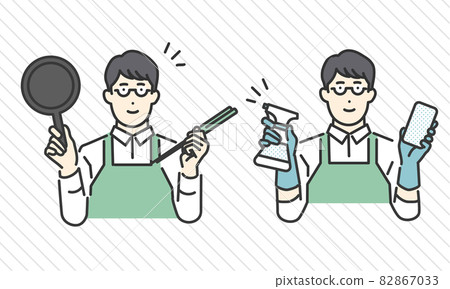 Image illustration material of a man cleaning with a pose to cook with a frying pan and a cleaning tool in his hand 82867033