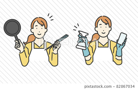 Image illustration material of a woman cooking with a frying pan and a woman cleaning with a cleaning tool in her hand Image illustration material of a woman cooking with a frying pan and a woman cleaning with a cleaning tool in her hand 82867034