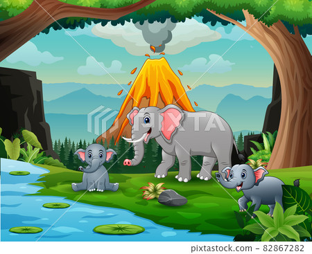 Volcano erupting with elephant by the river Volcano erupting with elephant by the river 82867282
