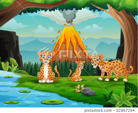 Volcano erupting with leopard family by the river 82867284