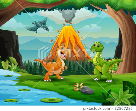Dinosaurs at the jungle with volcanic eruption background 82867285